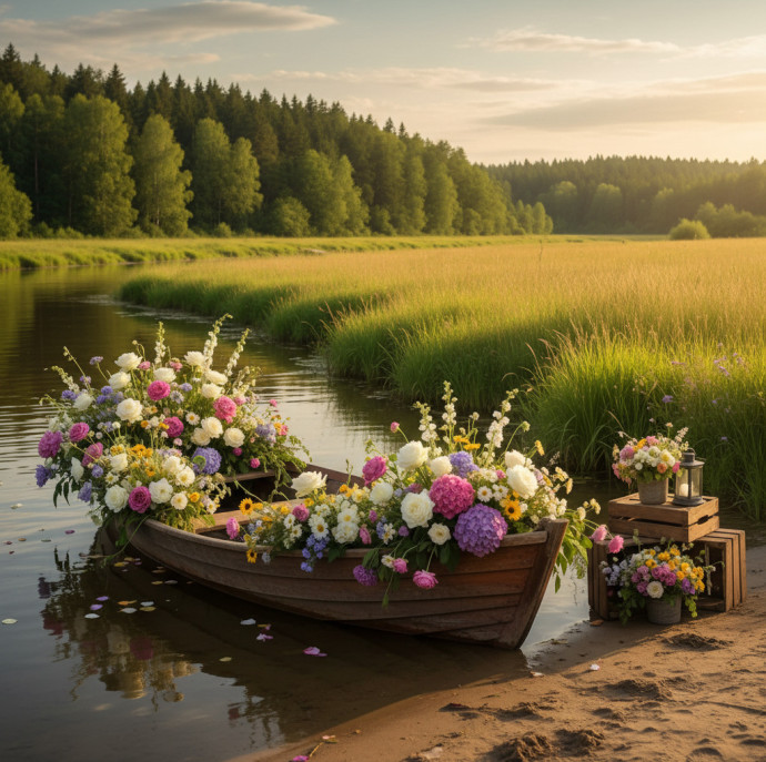Аренда фотозоны Лодка с цветами в Москве