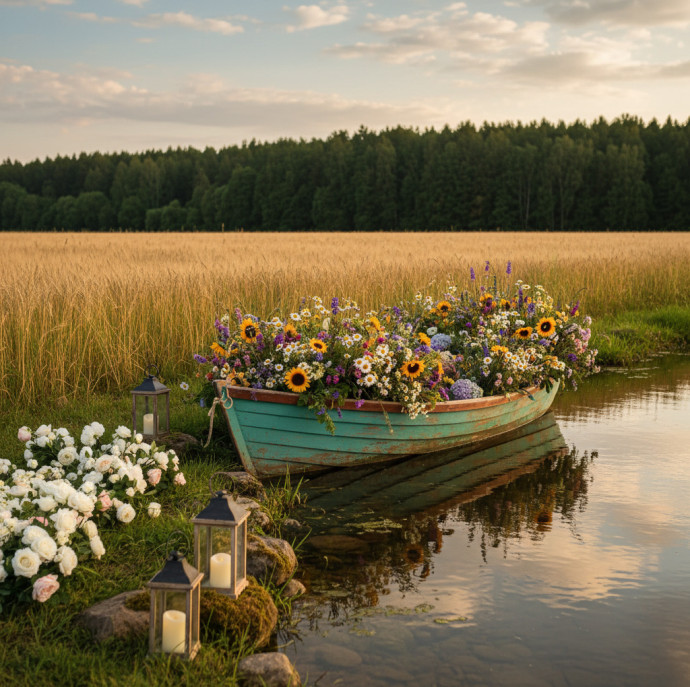 Аренда фотозоны Лодка с цветами в Москве