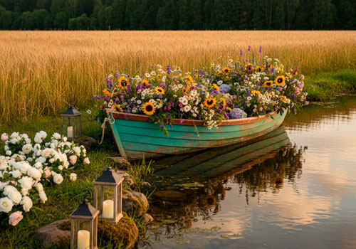 Аренда фотозоны Лодка с цветами в Москве