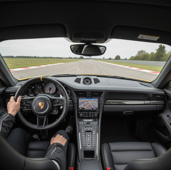 Заезд на спорткаре Porsche 911 Turbo S 991.2 на гоночном треке в Москве