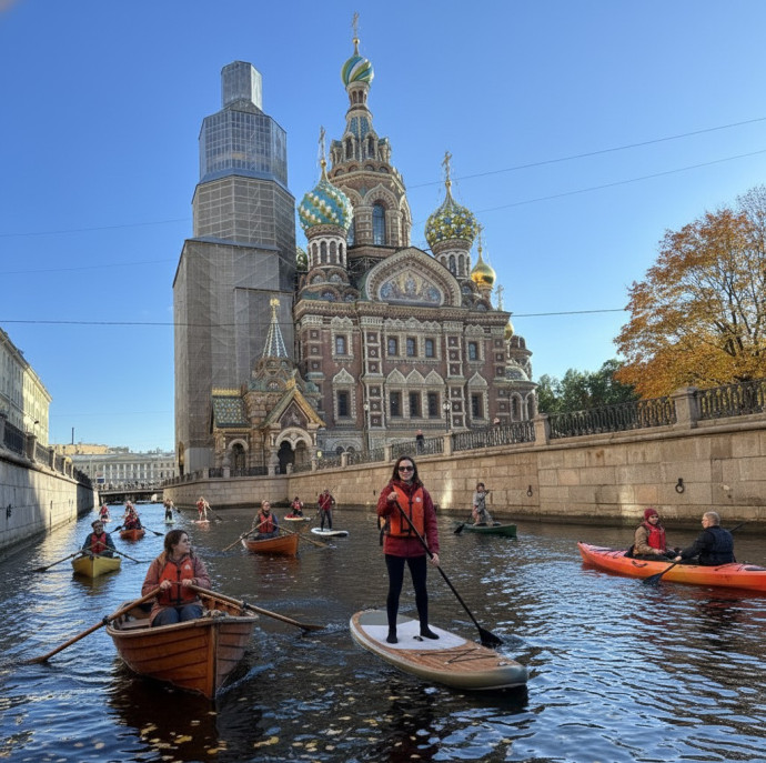 Прогулка на сапах у Петропавловской крепости и крейсера Авроры в Санкт-Петербурге